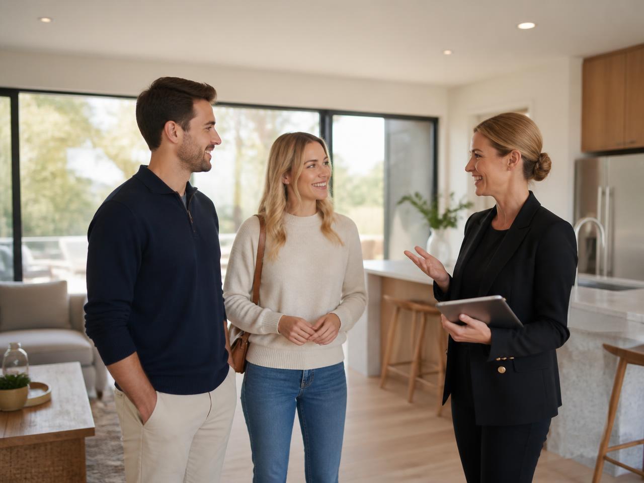 Buyers viewing a bright open-plan home with a Trinity salesperson