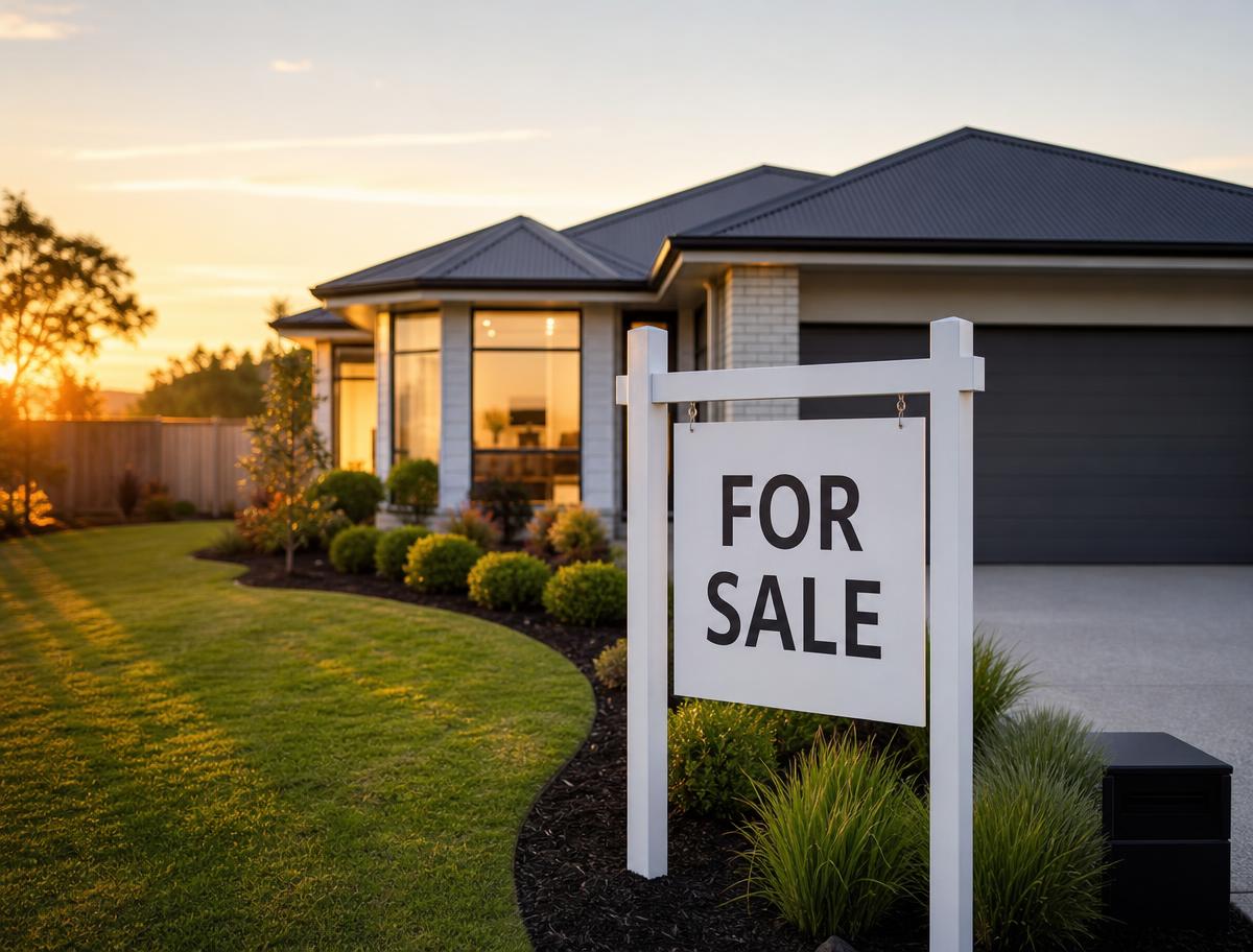 A well-presented home on the market with a for-sale sign at golden hour